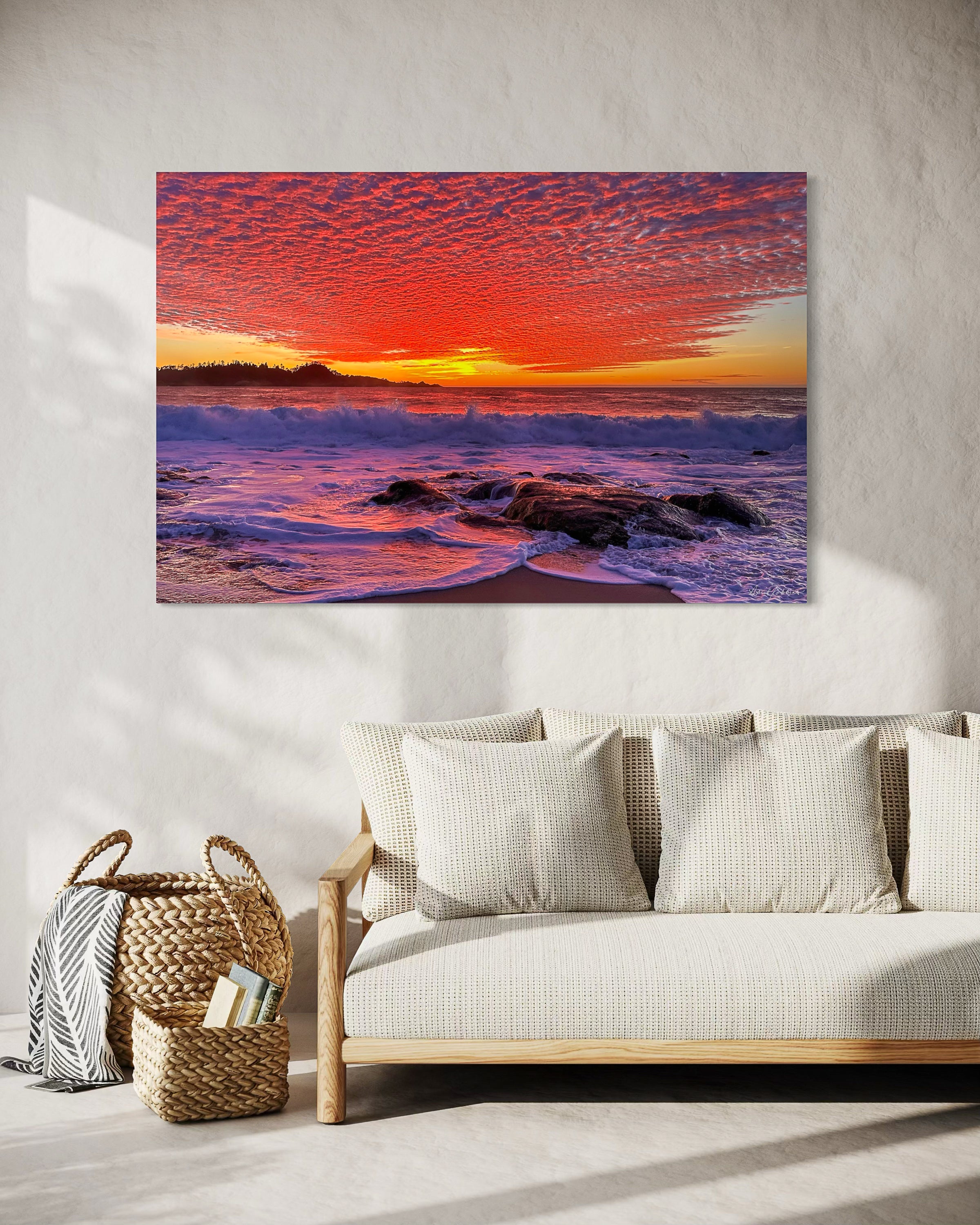 Sunset picture over a fireplace